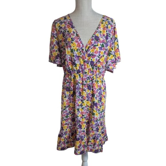 Women's Pink Purple Floral Flutter Sleeve V-Neck Dress - Picture 1 of 4